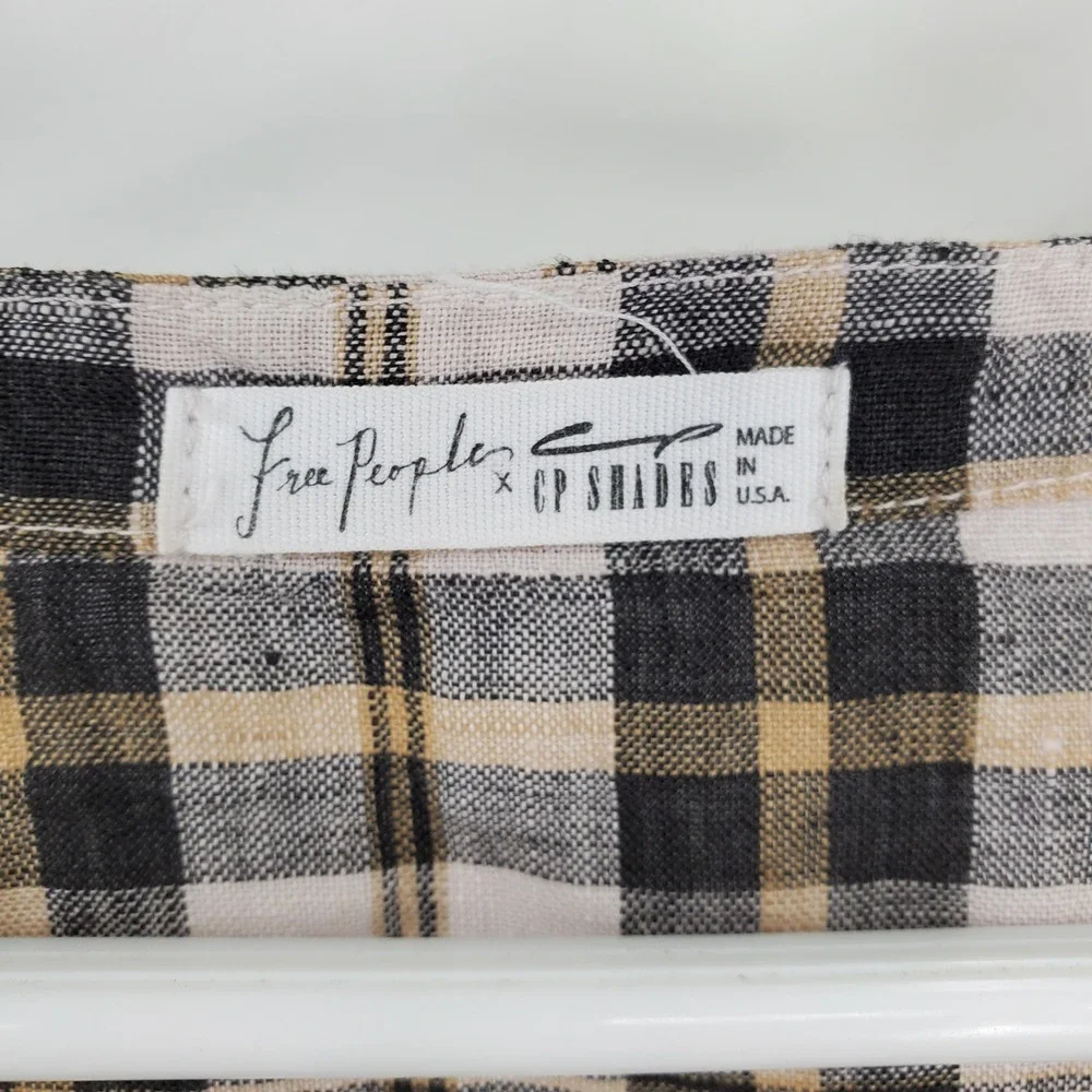 Free People x CP Shades Plaid Linen Mini Dress Tan Black V-Neck Boho Small